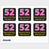 Sticker Carré Fun Pink Stripes “52”: Happy 52nd Birthday + Name (Feuille)