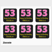 Sticker Carré Fun Pink Stripes “53”: Happy 53rd Birthday + Name (Feuille)