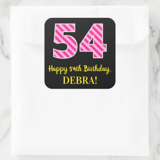 Sticker Carré Fun Pink Stripes “54”: Happy 54th Birthday + Name (Sac)