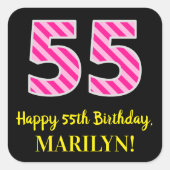 Sticker Carré Fun Pink Stripes “55”: Happy 55th Birthday + Name (Devant)