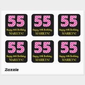 Sticker Carré Fun Pink Stripes “55”: Happy 55th Birthday + Name (Feuille)