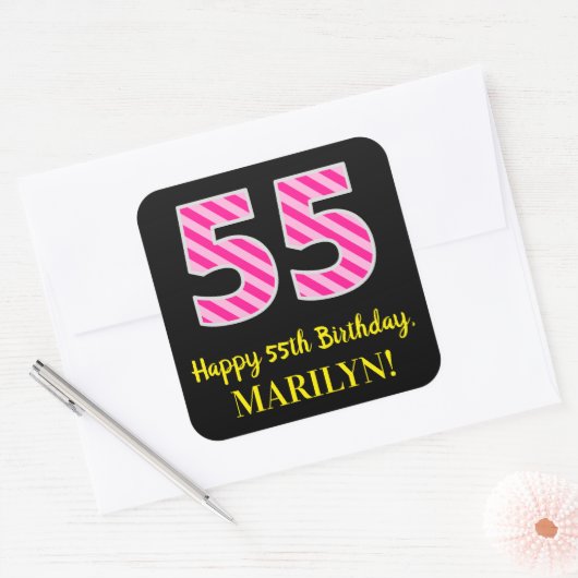 Sticker Carré Fun Pink Stripes “55”: Happy 55th Birthday + Name (Enveloppe)