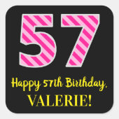 Sticker Carré Fun Pink Stripes “57”: Happy 57th Birthday + Name (Devant)