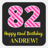Sticker Carré Fun Pink Stripes "82" : Happy 82 and Birthday + no (Devant)