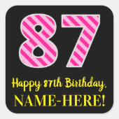 Sticker Carré Fun Pink Stripes "87" : Joyeux 87ème anniversaire  (Devant)