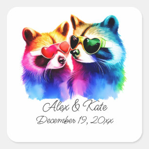 Sticker Carré Fun Raccoon Couple   Mariage romantique