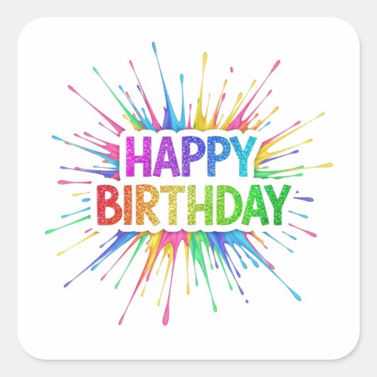 Sticker Carré Funky Happy Birthday Rainbow Glitter (Devant)