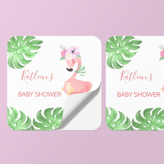Sticker Carré Funky mignon baby shower flamingo rose