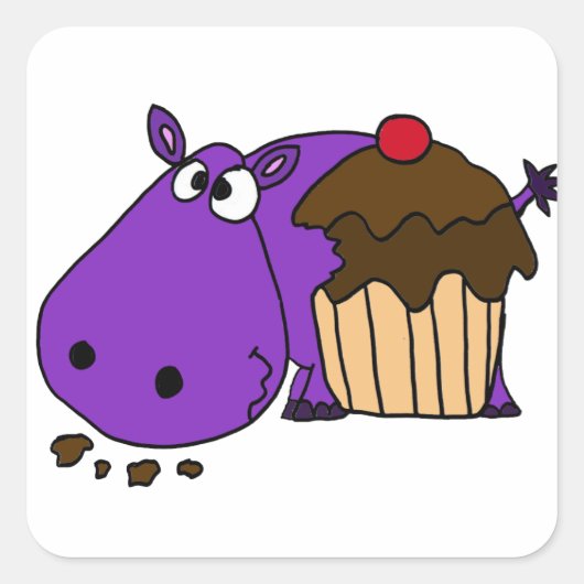 Sticker Carré Funky Violet Hippo Manger Cupcake (Devant)