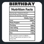 Sticker Carré Funny Birthday Nutrition Facts<br><div class="desc">Sticker Carré pour la valeur nutritive d'anniversaire amusant</div>