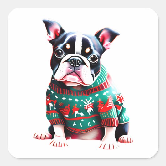 Sticker Carré Funny Boston Terrier dans le pull de Noël (Devant)