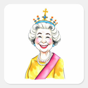 Sticker Carré Funny Cartoon Queen Elizabeth II Royal Portrait