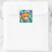Sticker Carré Funny Cat Art Orange Tabby Fleurs Créationarts (Sac)