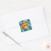 Sticker Carré Funny Cat Art Orange Tabby Fleurs Créationarts (Enveloppe)