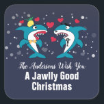 Sticker Carré Funny Christmas Sharks Nom de famille Marine<br><div class="desc">Un sticker Carré de Noël bleu marine Jawlly Good Funny Sharks Personnalisé Nom de famille. Une façon amusante d'avoir des sourires ! Personnalisez avec votre propre texte. Idéal pour les enveloppes, les scellés, ou l'emballage cadeau. Nous vous invitations à visiter notre magasin Zazzle, Life On Memory Lane, pour des produits...</div>