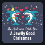Sticker Carré Funny Christmas Sharks Nom de famille Marine<br><div class="desc">Un sticker Carré de Noël bleu marine Jawlly Good Funny Sharks Personnalisé Nom de famille. Une façon amusante d'avoir des sourires ! Personnalisez avec votre propre texte. Idéal pour les enveloppes, les scellés, ou l'emballage cadeau. Nous vous invitations à visiter notre magasin Zazzle, Life On Memory Lane, pour des produits...</div>