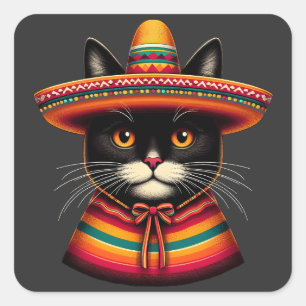 Sticker Carré Funny Cinco De Mayo Sombrero Festiva Mexicaine Cat