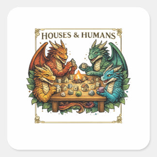 Sticker Carré Funny Dragon Houses and Humans Fantasy Art
