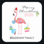 Sticker Carré Funny Flamant rose 2020 Covid Christmas Tree<br><div class="desc">2020 a été assez une année ! Ce sera un noël comme personne d'autre, répandre quelques rires avec un autocollant amusant virus corona noël. Avec le texte "Joyeux Noël 2020 et votre nom de famille". Un flamant rose enveloppé de lumières féériques, portant un chapeau santa et un masque au cou,...</div>