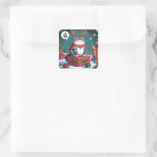 Sticker Carré Funny Grumpy Cat Christmas Design – Fat Cat (Sac)