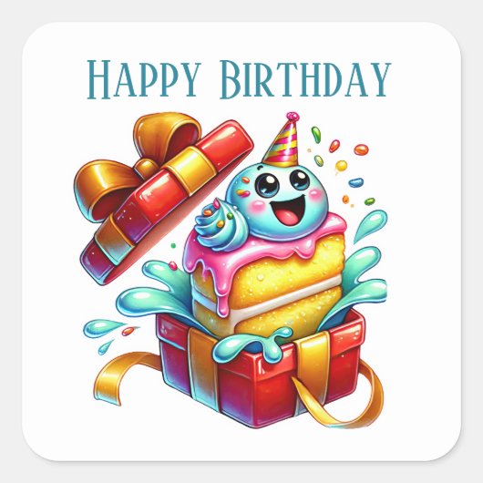 Sticker Carré Funny Happy Birthday cake ajouter du texte (Devant)