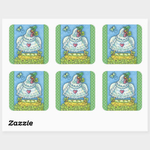 STICKER CARRÉ FUNNY IRISH HEN, OEUFS VERTS ET SHAMROCK CUIT