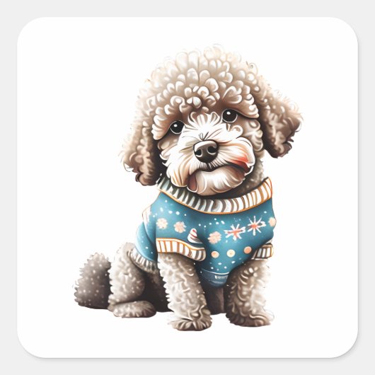 Sticker Carré Funny Lagotto Romagnolo dans le pull de Noël (Devant)