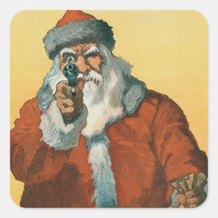 Sticker Carré Funny Père Noël avec un pistolet de Noël