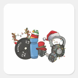 Sticker Carré Funny Père Noël Weighlifting Dumbbells Gym Noël