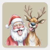 Sticker Carré Funny Santa Claus and Reindeer Christmas Winter (Devant)