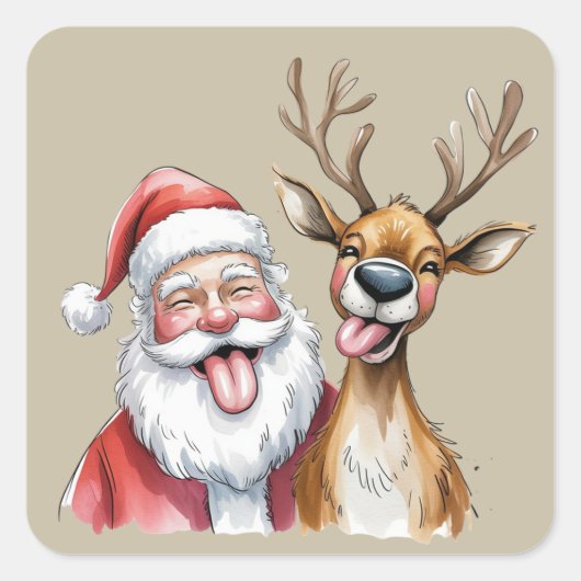 Sticker Carré Funny Santa Claus and Reindeer Christmas Winter (Devant)