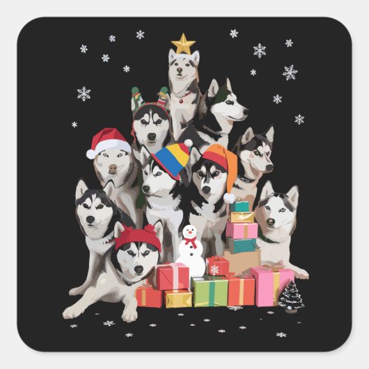 Sticker Carré Funny Siberian Husky Christmas Tree Pet Dog Lover  (Devant)