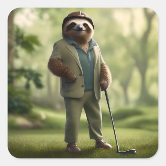 Sticker Carré Funny Sloth Golf Player, (Devant)
