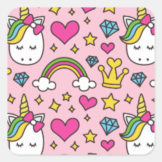 Sticker Carré Funny Unicorn Motif rose Magique Cheval mignon
