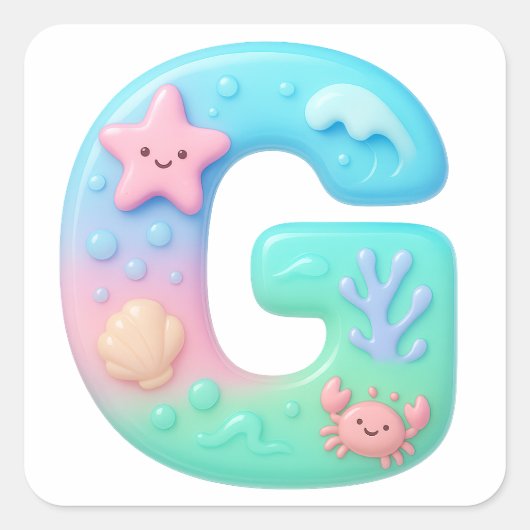 Sticker Carré "G" Cute Bubble Letter - Underwater Sea Creature (Devant)
