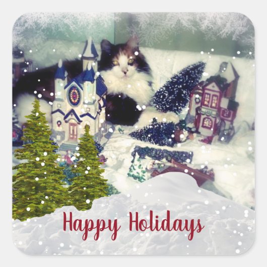 Sticker Carré Gabarit de chat calico de Noël drôle (Devant)