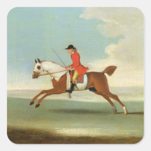 Sticker Carré Galloping Racehorse and mounted Jockey in Red