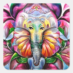 Sticker Carré Ganesh Colorful Floral Lucky Rose Elephant Trippy