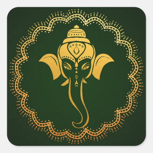 Sticker Carré Ganesh de fête doré | Mariage indien vert (Devant)