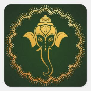 Sticker Carré Ganesh festif or   Mariage indien vert
