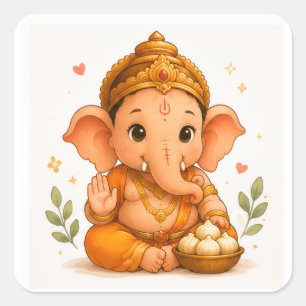 Sticker Carré Ganesha mignon avec Modak Ganesh Chaturthi