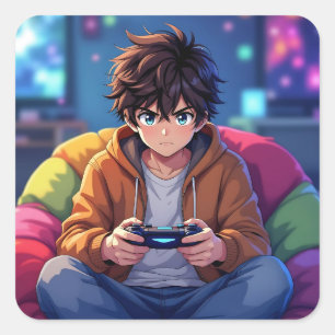 Sticker Carré Garçon Anime jouant à un jeu vidéo 
