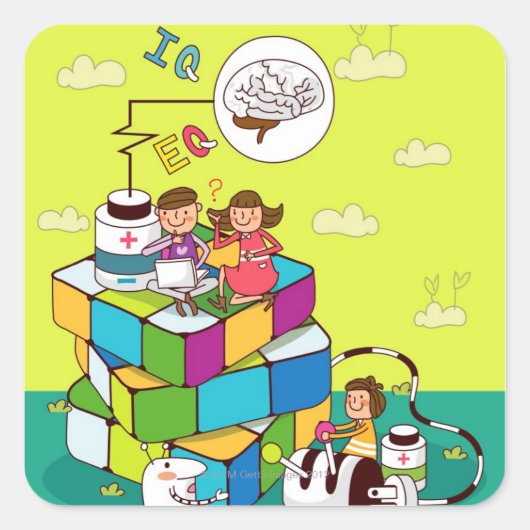 Sticker Carré Garçon avec une fille assise sur un puzzle Rubik's (Devant)