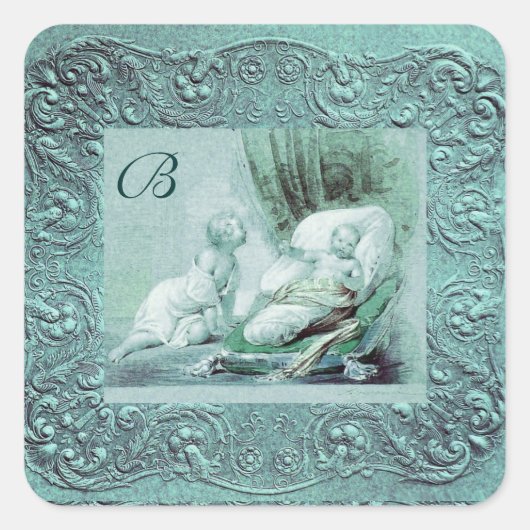 STICKER CARRÉ GARÇON BABY SHOWER ANTIQUE BLEU FLORAL MONOGRAM (Devant)
