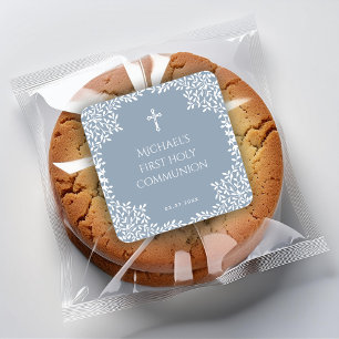 Sticker Carré Garçon Première Communion Bleu Poussiéreux Blanc F