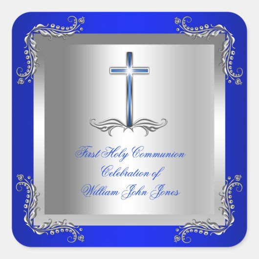 Sticker Carré Garçon Première Sainte Communion Argent Royal Blue (Devant)