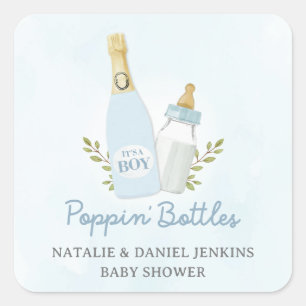 Sticker Carré Garçon qui fait éclater des bouteilles Baby Shower
