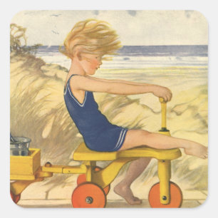 Sticker Carré Garçon vintage jouant à la plage avec des jouets d