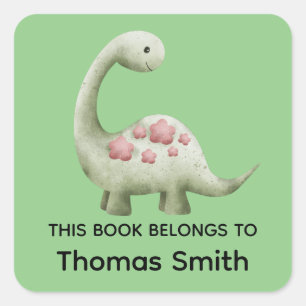 Sticker Carré Garçons Vert "Ce livre appartient" Dinosaure et No