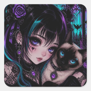 Sticker Carré Garder le Contact Fille Anime & Chat